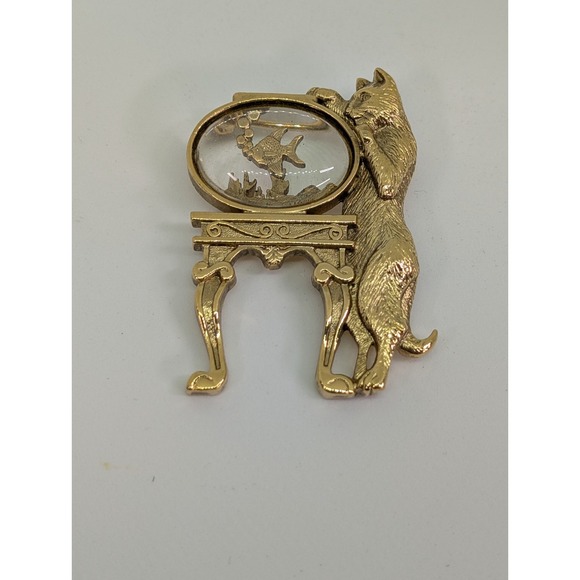 1928 Jewelry Co Designer VTG Gold Tone Cat & Fish Bowl Modernist Brooch Kitten - Picture 1 of 6